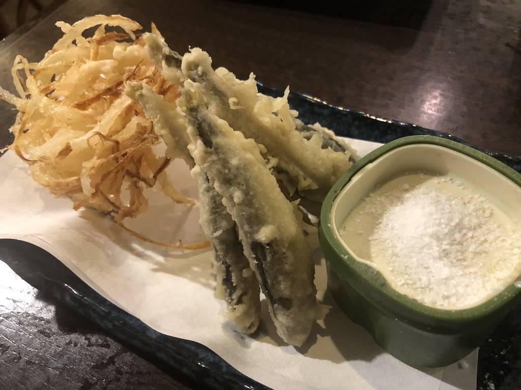 レバステーキおまかせ５本串焼きバイ貝鮎の天ぷら