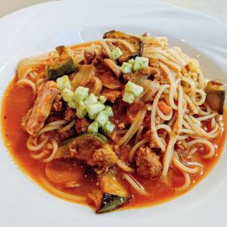 茄子とシャンピニョンのボローニャ風スパゲッティ